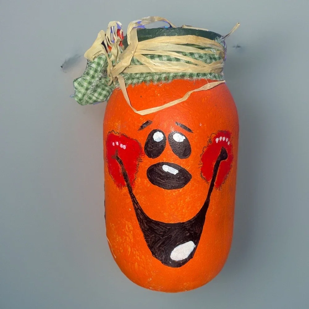 VTG Halloween Pumpkin Glass Handpainted‎ Candle Holder Mason Jar
